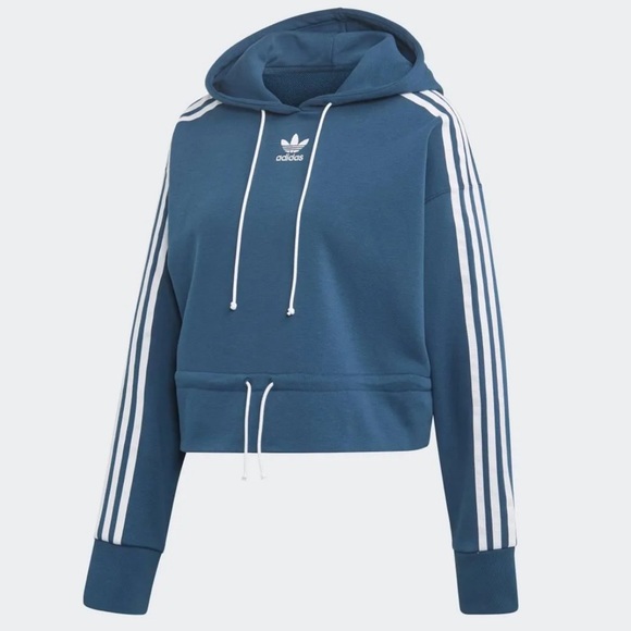 Adidas classic stripe turquoise cropped long sleeve hoodie size Large - Picture 2 of 11